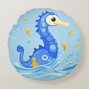 Playful Cartoon Seahorse in Blue Water Round Cushion