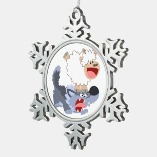 Playful Cartoon Sheep and Wolf Pewter Ornament