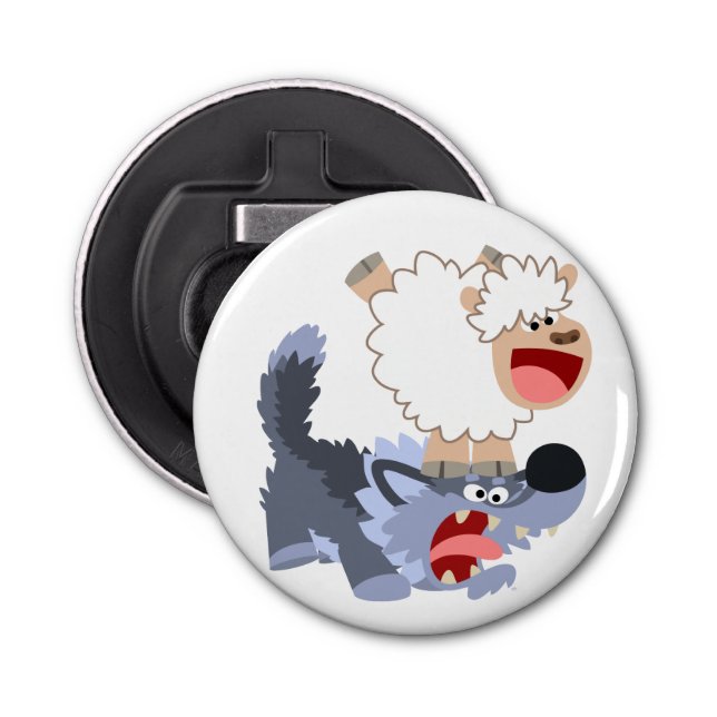 Playful Cartoon Sheep & Wolf Button Bottle Opener (Front)