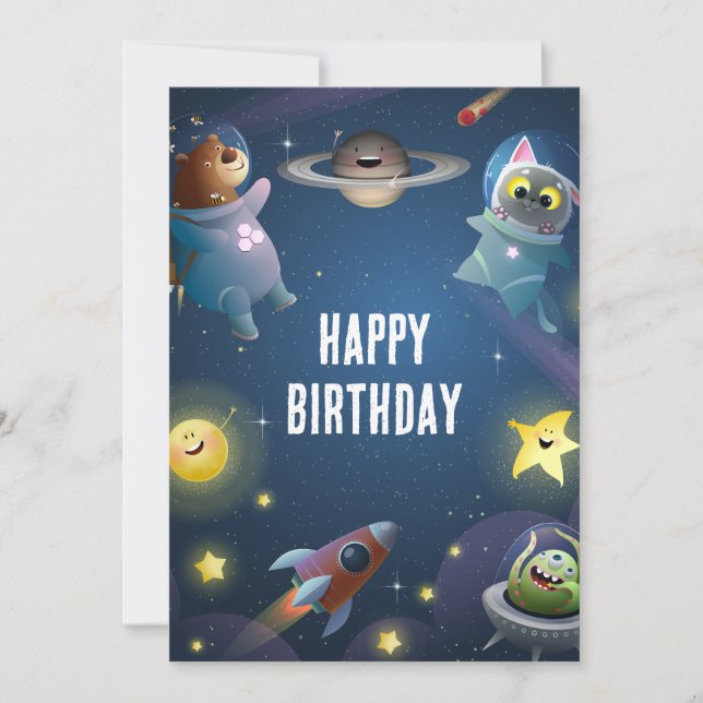 Playful cartoon space astronaut Happy birthday Holiday Card (Front)