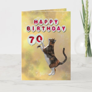 Playful cat and 70th Happy Birthday balloons Card