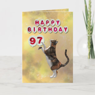 Playful cat and 97th Happy Birthday balloons Card