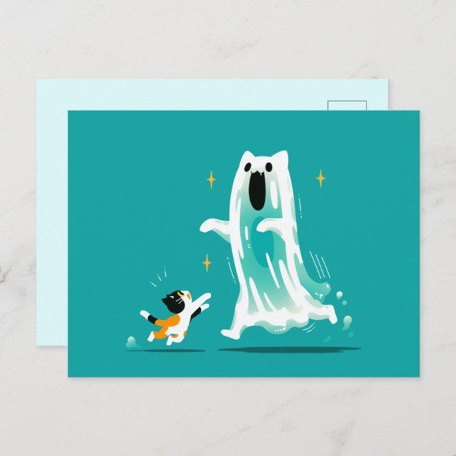 Playful Cat and Friendly Ghost – Cute Halloween Holiday Postcard (Front/Back)