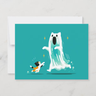 Playful Cat and Friendly Ghost – Cute Halloween Postcard