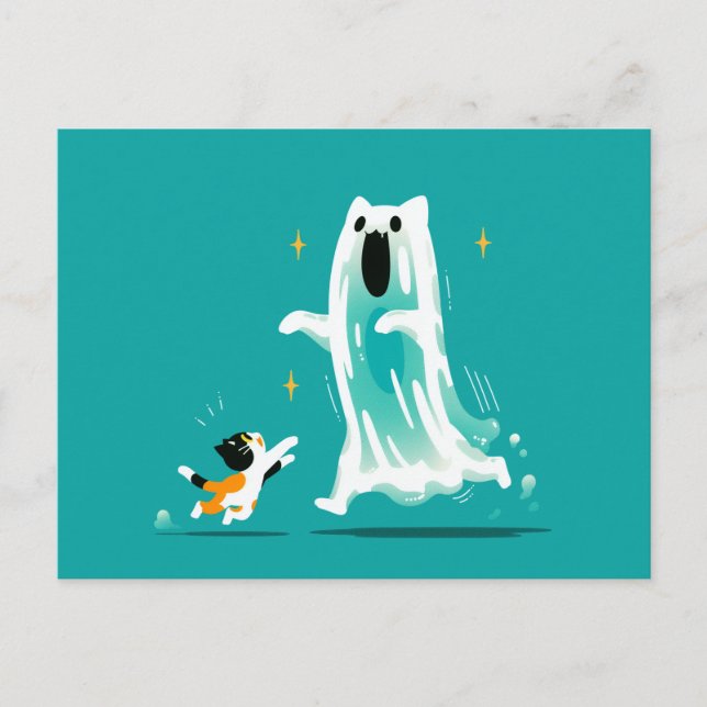 Playful Cat and Friendly Ghost – Cute Halloween Postcard (Front)