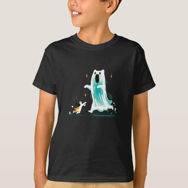 Playful Cat and Friendly Ghost – Cute Halloween T-Shirt (Front)