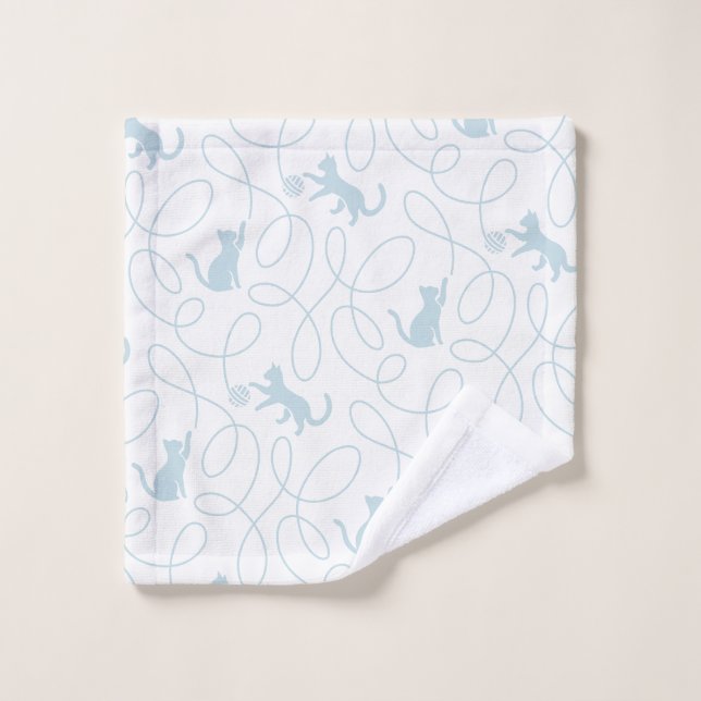 Playful Cat and Yarn Ball Pattern Light Blue Bath Towel Set (Wash Cloth)
