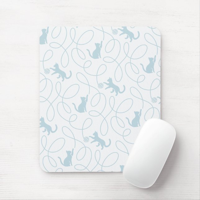 Playful Cat and Yarn Ball Pattern Light Blue Mouse Mat (With Mouse)