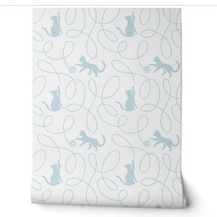 Playful Cat and Yarn Ball Pattern Light Blue Wallpaper