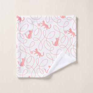 Playful Cat and Yarn Ball Pattern Light Coral Pink Bath Towel Set