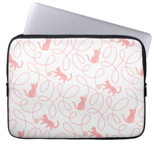 Playful Cat and Yarn Ball Pattern Light Coral Pink Laptop Sleeve