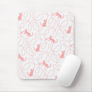 Playful Cat and Yarn Ball Pattern Light Coral Pink Mouse Mat