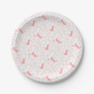 Playful Cat and Yarn Ball Pattern Light Coral Pink Paper Plate