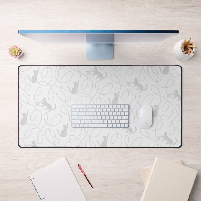 Playful Cat and Yarn Ball Pattern Light Grey Desk Mat (Office 1)