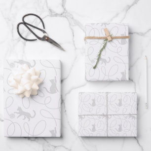 Playful Cat and Yarn Ball Pattern Light Grey Wrapping Paper Sheet