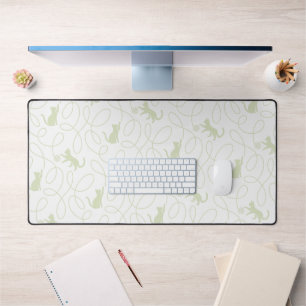 Playful Cat and Yarn Ball Pattern Light Sage Green Desk Mat