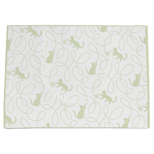 Playful Cat and Yarn Ball Pattern Light Sage Green Large Gift Bag