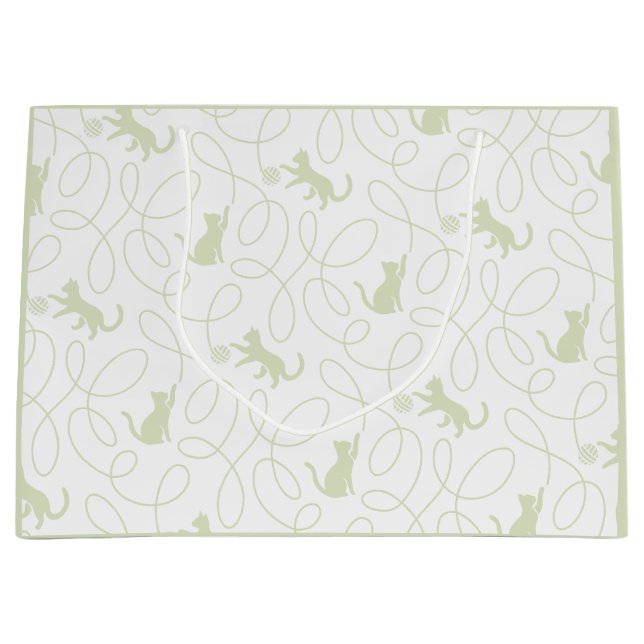 Playful Cat and Yarn Ball Pattern Light Sage Green Large Gift Bag (Front)