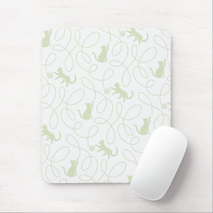 Playful Cat and Yarn Ball Pattern Light Sage Green Mouse Mat
