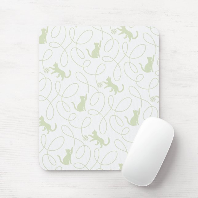 Playful Cat and Yarn Ball Pattern Light Sage Green Mouse Mat (With Mouse)