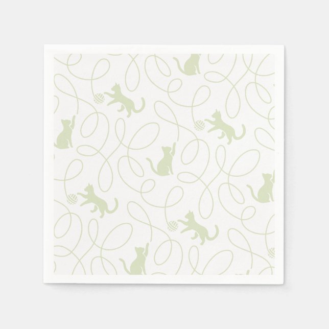 Playful Cat and Yarn Ball Pattern Light Sage Green Napkin (Front)