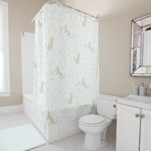 Playful Cat and Yarn Ball Pattern Light Sage Green Shower Curtain