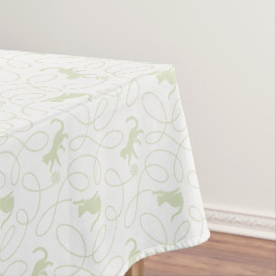 Playful Cat and Yarn Ball Pattern Light Sage Green Tablecloth