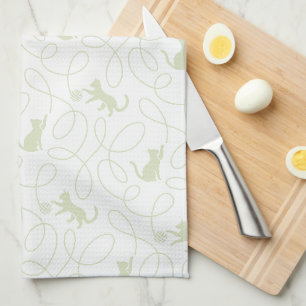 Playful Cat and Yarn Ball Pattern Light Sage Green Tea Towel