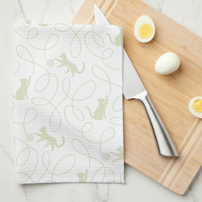 Playful Cat and Yarn Ball Pattern Light Sage Green Tea Towel (Quarter Fold)