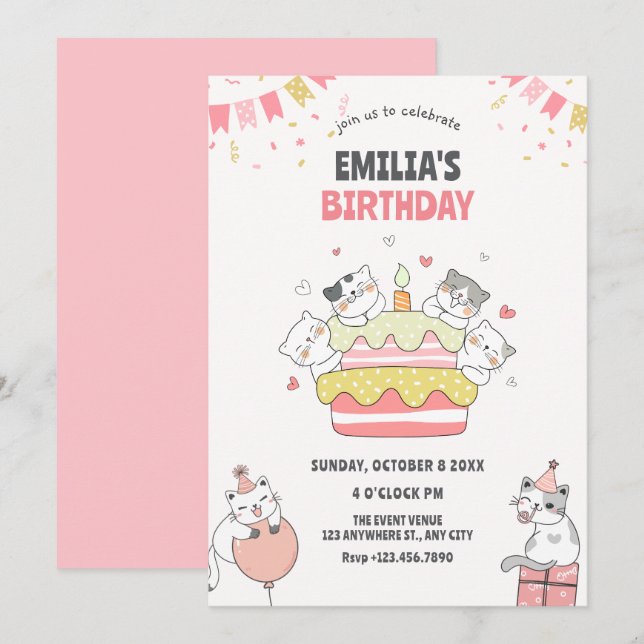 Playful cat birthday party  invitation (Front/Back)