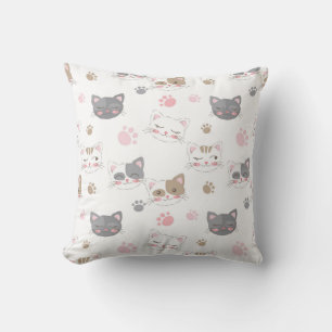 Playful Cat Faces and Paw Prints Cushion