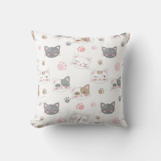 Playful Cat Faces and Paw Prints Cushion