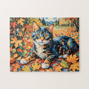 Playful Cat in Autumn Leaves Jigsaw Puzzle