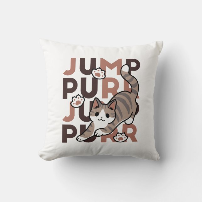 Playful Cat Jump Design - Jump Purr Pun Artwork Cushion (Front)