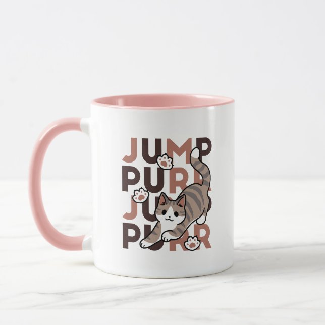 Playful Cat Jump Design - Jump Purr Pun Artwork Mug (Left)