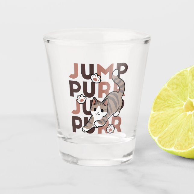Playful Cat Jump Design - Jump Purr Pun Artwork Shot Glass (Front)