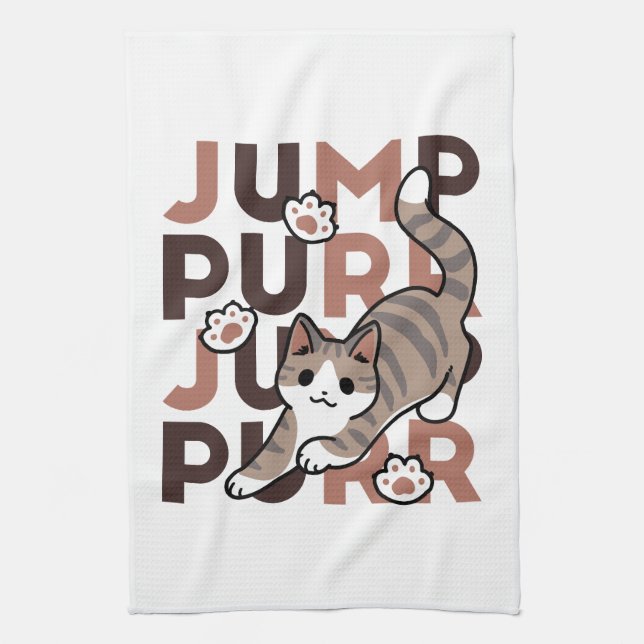 Playful Cat Jump Design - Jump Purr Pun Artwork Tea Towel (Vertical)