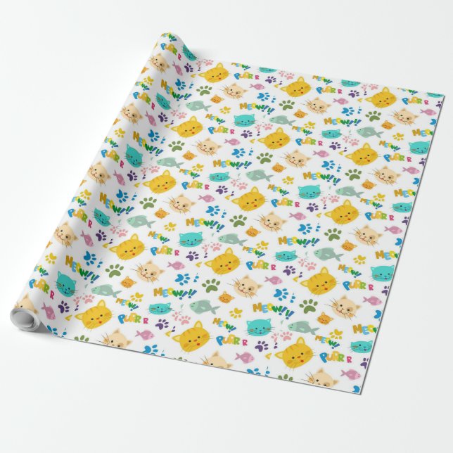 Playful Cat & Paw Print – Cute and Colourful kids Wrapping Paper (Unrolled)