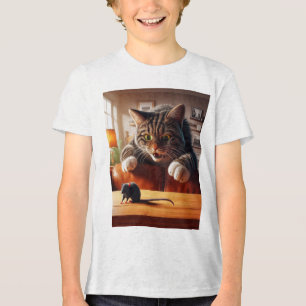 Playful Cat Pouncing on Mouse – Funny Cartoon Desi Tri-Blend Shirt