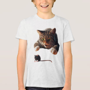 Playful Cat Pouncing on Mouse – Funny Cartoon Desi Tri-Blend Shirt