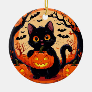 🌕🎃 Playful Cat & Pumpkin Moonlight Halloween ✨🐾 Ceramic Tree Decoration