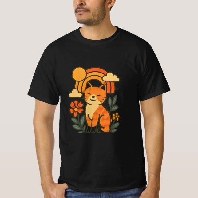 Playful Cat & Rainbow Graphic Tee - Vibrant Nature (Front)