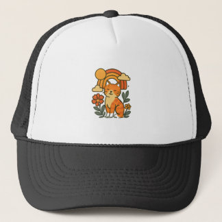 Playful Cat & Rainbow Graphic Tee - Vibrant Nature Trucker Hat