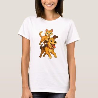 Playful Cat Riding a Cute Dog – Kawaii Joyful  T-Shirt