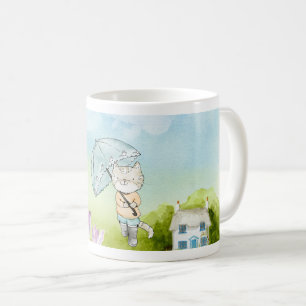 Playful Cat with Butterfly and Umbrella in Nature Coffee Mug