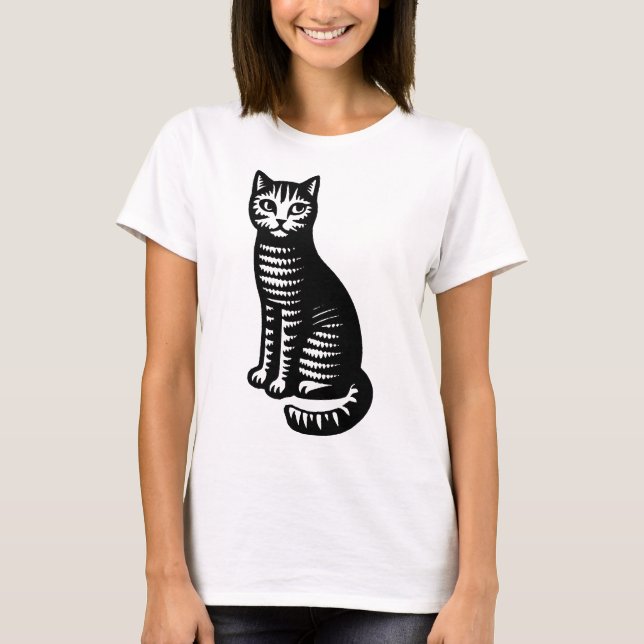 Playful Cat Woodcut Style T-Shirt (Front)