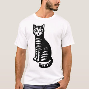 Playful Cat Woodcut Style T-Shirt