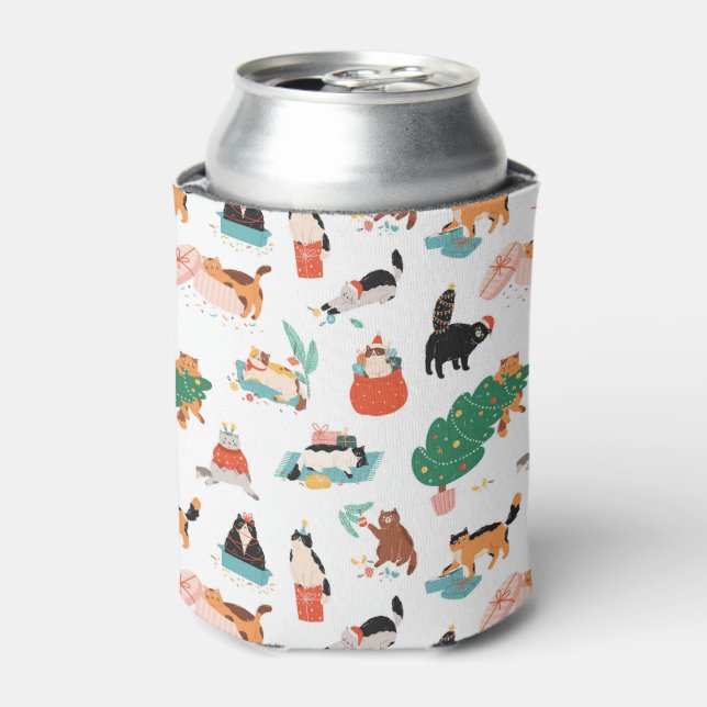 Playful Cats and Christmas Trees Pattern Can Cooler (Can Front)