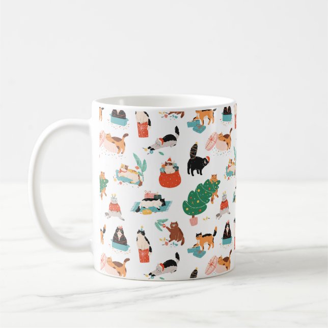 Playful Cats and Christmas Trees Pattern Coffee Mug (Left)