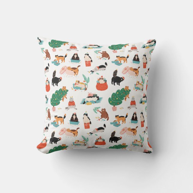 Playful Cats and Christmas Trees Pattern Cushion (Front)